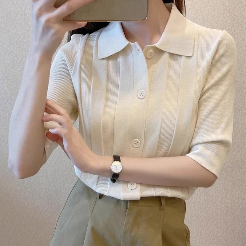 Women Sweaters Cardigans 2025 Summer Short Sleeve Turn Down Collar Office Lady Knitted Sweater Women Tops Cardigan JJ156