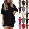 Women's Loose Fashion Solid Color Split Round Neck Short Sleeve Top Shorts Two Piece Set