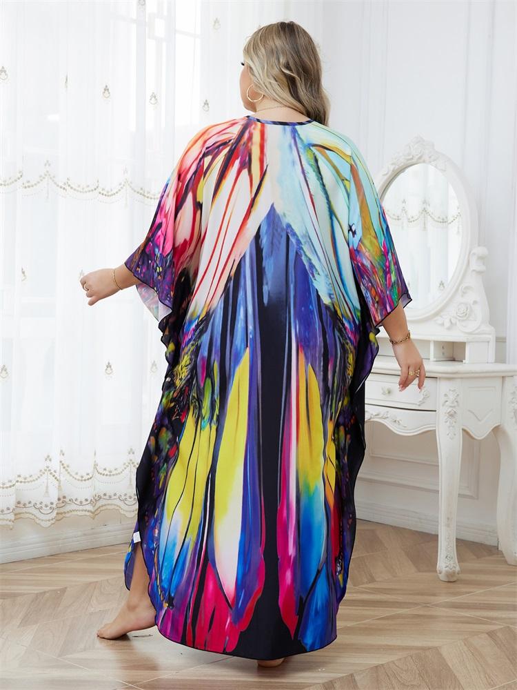 EDOLYNSA Plus Size Multicolor Printed Kaftan Dress For Women Outfit Boho Vacation V-neck Split Robe Summer Beachwear Swimsuit Cover Up Q1588