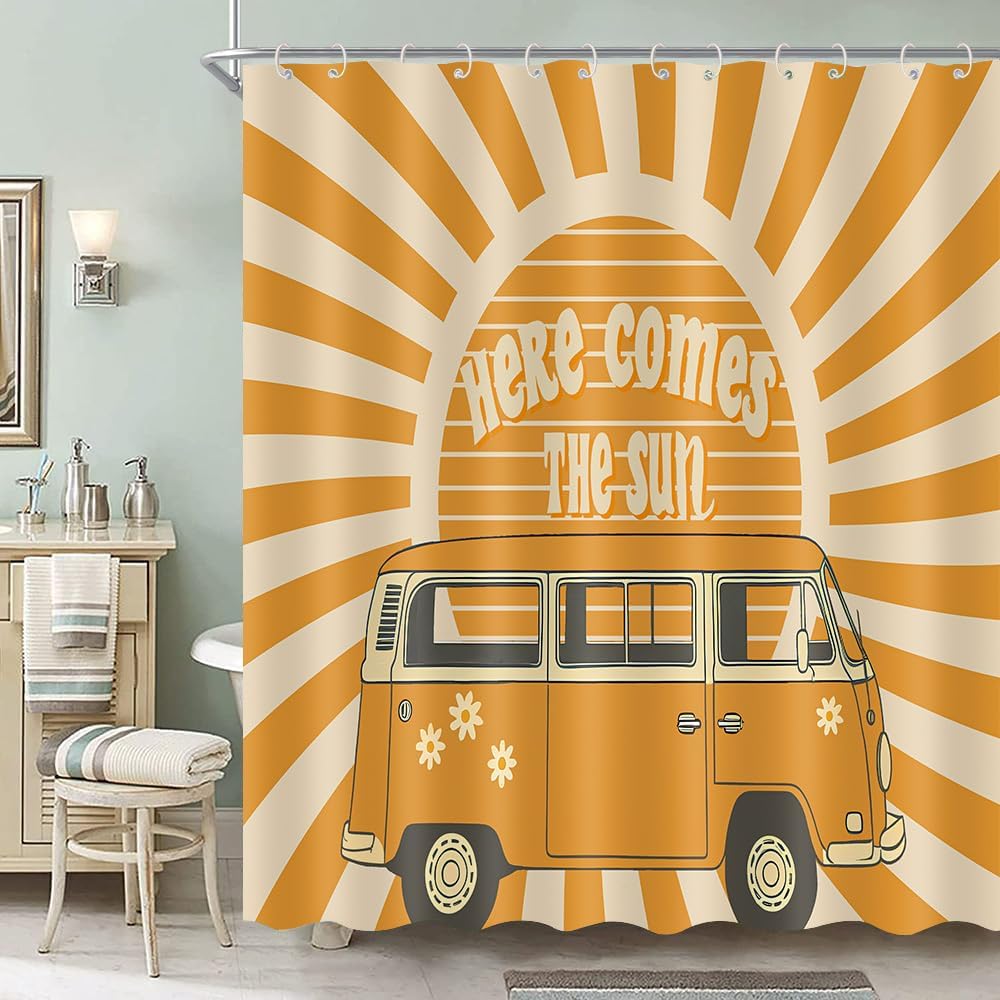 Here Comes The Sun Shower Curtain 72x72 Inches Boho Vintage Floral Bus Retro Hippie Orange Sun Sunshine Reversible for Home