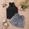 Комплект одежды для девочек: Летний детский однотонный свитер без рукавов с открытыми плечами, рваные джинсовые шорты, комплект из двух предметов