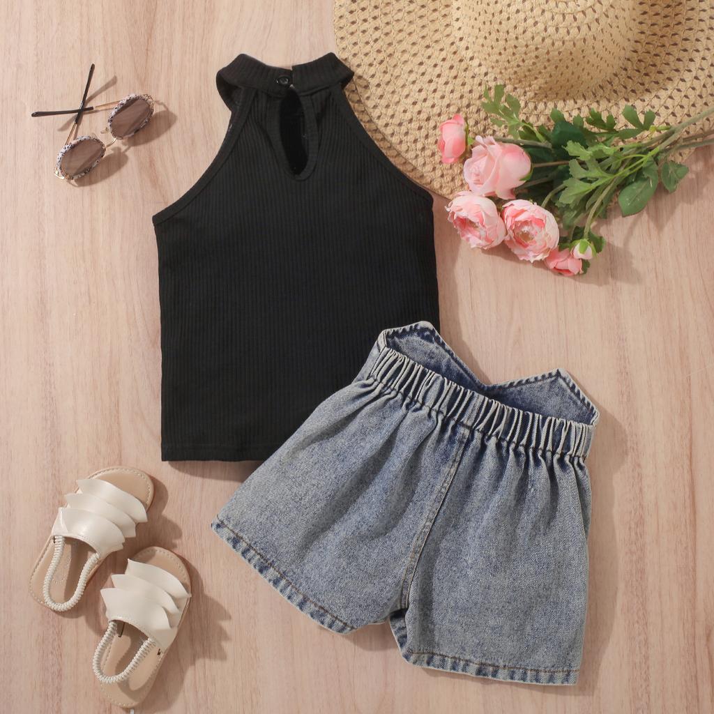 Комплект одежды для девочек: Летний детский однотонный свитер без рукавов с открытыми плечами, рваные джинсовые шорты, комплект из двух предметов