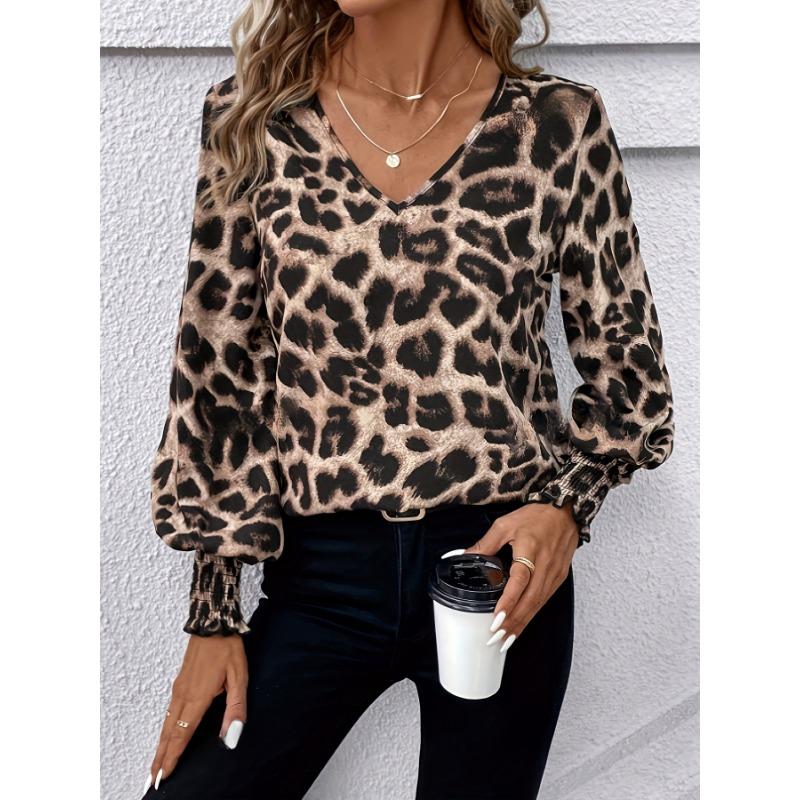 Fashion V-neck Leopard Print Long Sleeved Women Blouse Loose Casual Office Simple Chiffon Shirt Casual Simple Streetwear Elegant Top Clothing