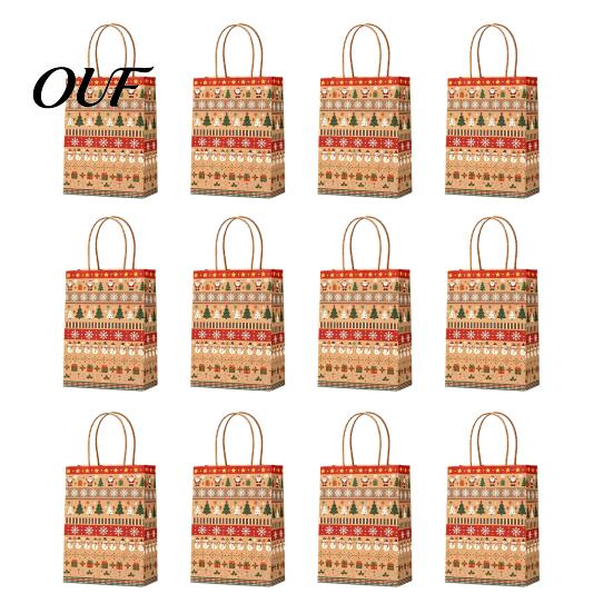 Decorative Treat Bags 12PCS Christmas Paper Gift Bags, Sturdy Festive Goodie with Handle, Reusable Holiday Pouches Packaging for Presents And