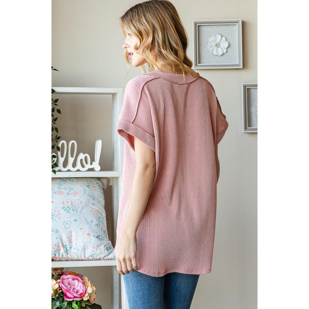 Casual Ribbed Jacquard Knit Loose V-Neck Short Sleeve T-Shirt, European American Style for Crossborder Dropshipping