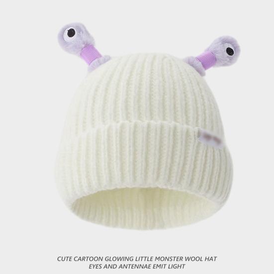 Cute Knitted Beanie Hat with Eyes Wear Resistant Solid Color LED Glowing Funny Cartoon Winter Warm Hat