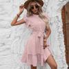 Ladies Temperament Polka Dot Ruffle Sleeve Dress Summer Tie Waist Drawstring A-Line Skirt