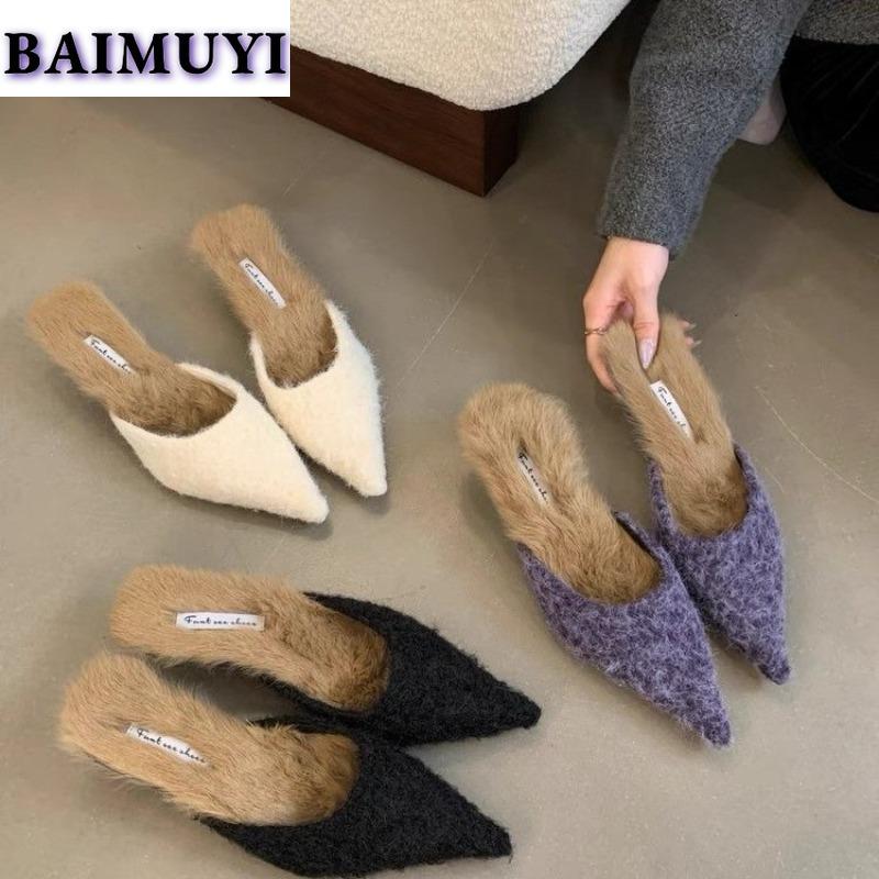Роскошные меховые тапочки женские остроносые мюли обувь дизайнерские меховые шлепанцы платье низкий каблук 2025 зимняя мода замша хлопок Botas Mujer