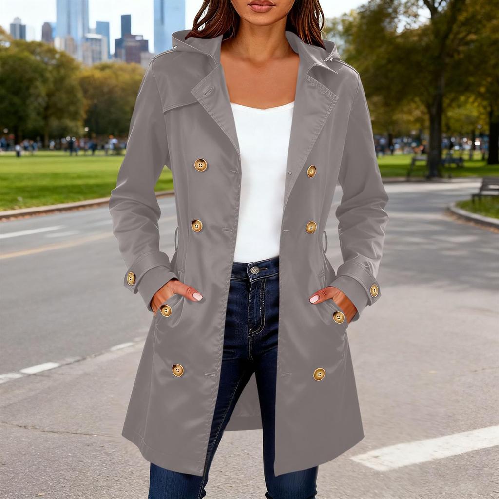 Women's Fashion Solid Color Collar Long Sleeve Double Breasted Windbreaker With Belt Coat