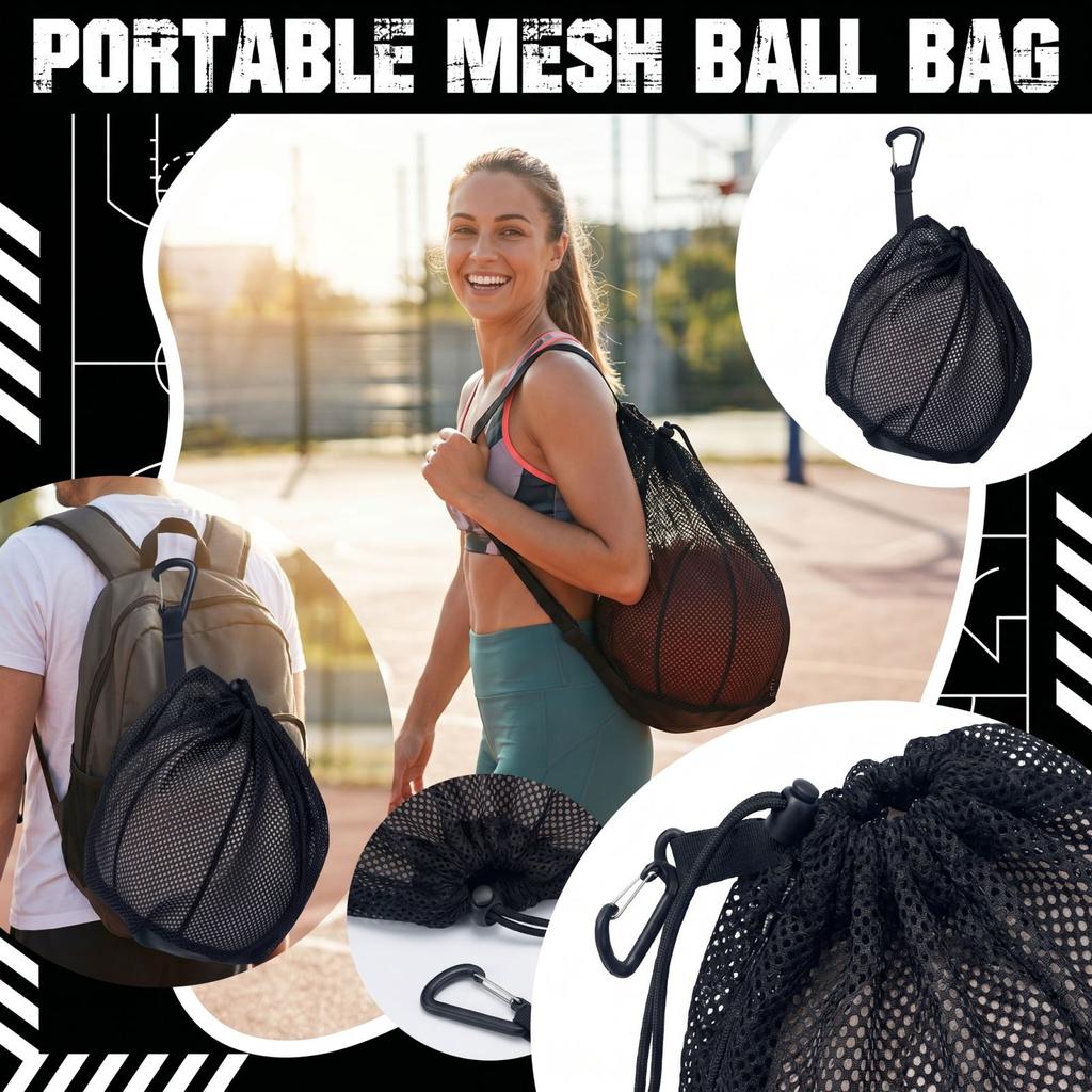 Portable Mesh Drawstring Storage Bag with Handle and Carabiner Clip for Single Ball Carrying and Outdoor Use