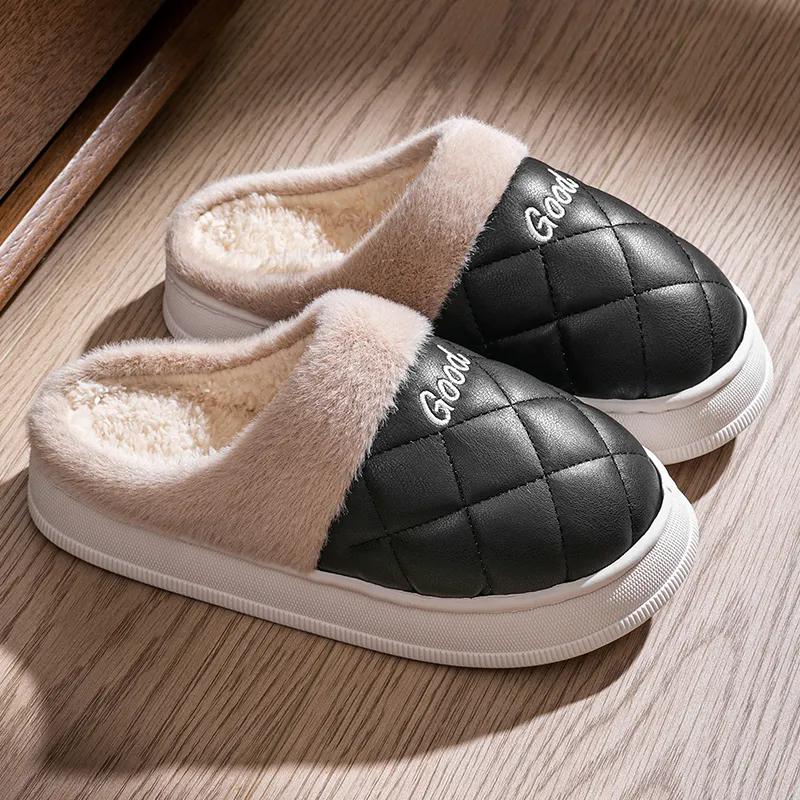 WTEMPO Женские и мужские уличные домашние спальные туфли на плоской подошве с нескользящей подошвой, большие размеры, тапочки из искусственной кожи для пар, зимние теплые плюшевые тапочки