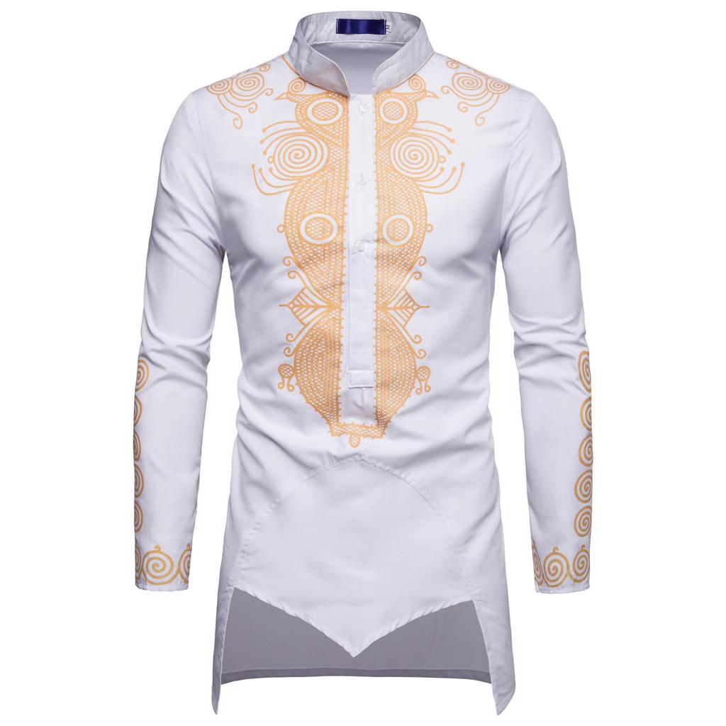 Men Mid-length T-Shirt Vintage Print Long Sleeve Muslim Shirt Man Casual Tee Fashion Tops Plus Size