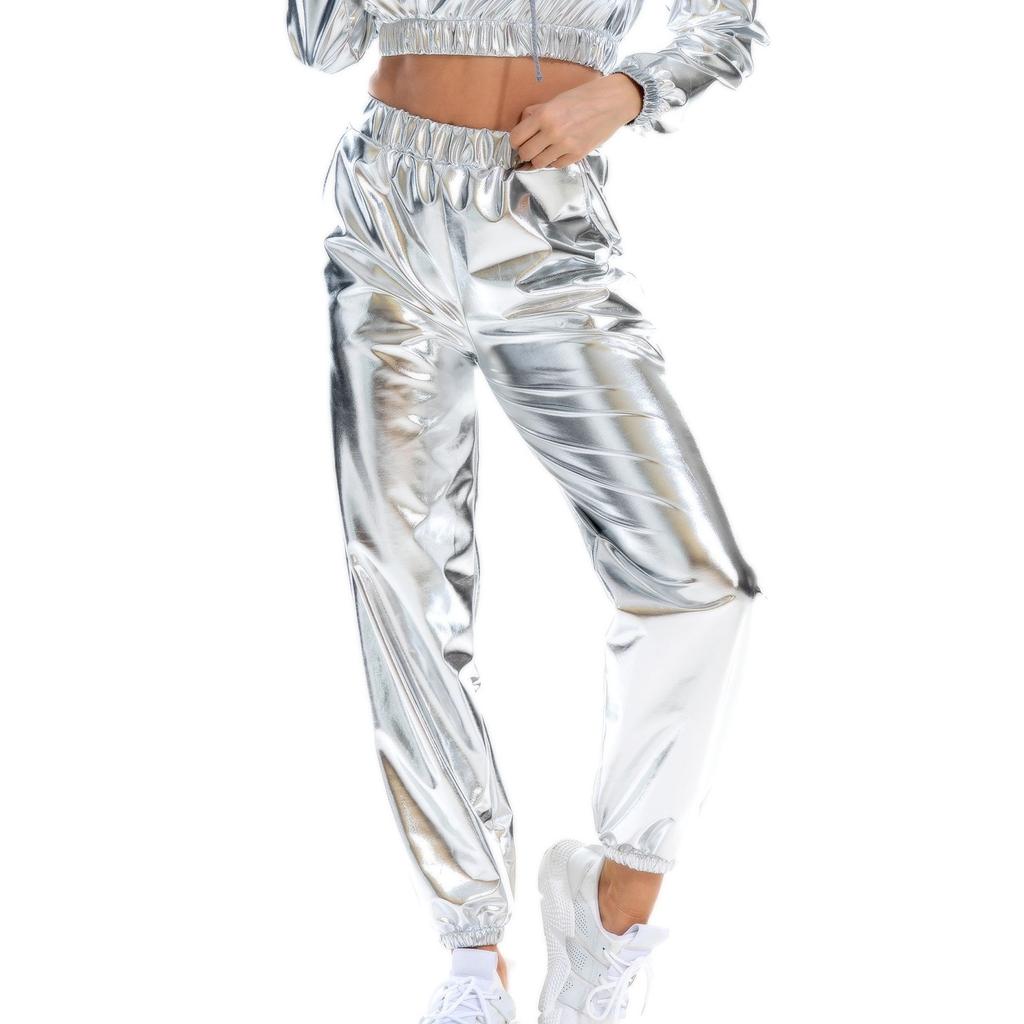 Женские блестящие эластичные спортивные брюки свободного кроя, повседневные леггинсы для бега, вечеринки, дискотеки, клубная одежда