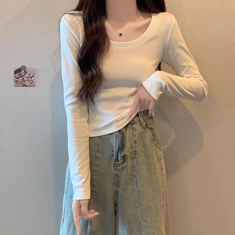 American white front shoulder slim-fitting long-sleeved T-shirt women's early autumn new foreign-style versatile small short bottoming top