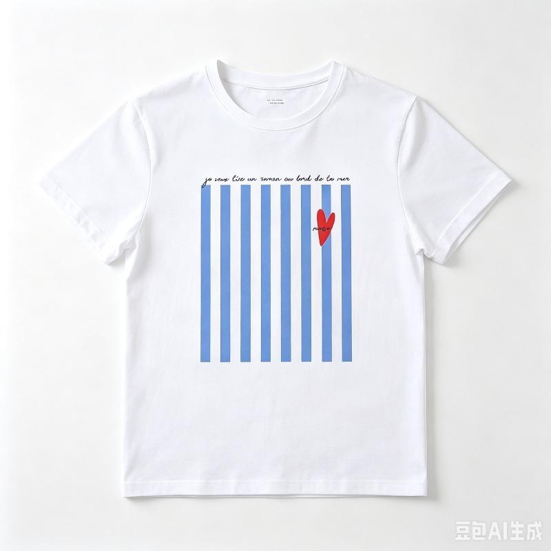 Unisex Blue Striped Heart Print Tshirt Casual Short Sleeve Oneck White Black Tee Tops