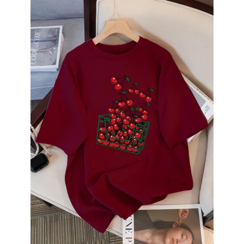 Футболка женская с принтом «Корзина вишен», дышащая, повседневная, летняя, с коротким рукавом, мягкая, свободного кроя, уличная одежда, женская футболка