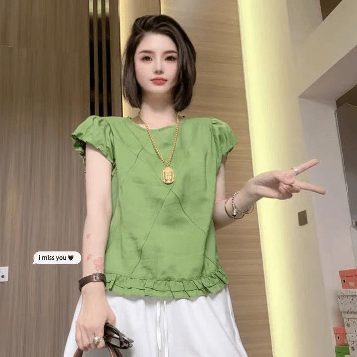 1116 summer new Korean style bud sleeve shirt women's loose age-reducing versatile top design sense