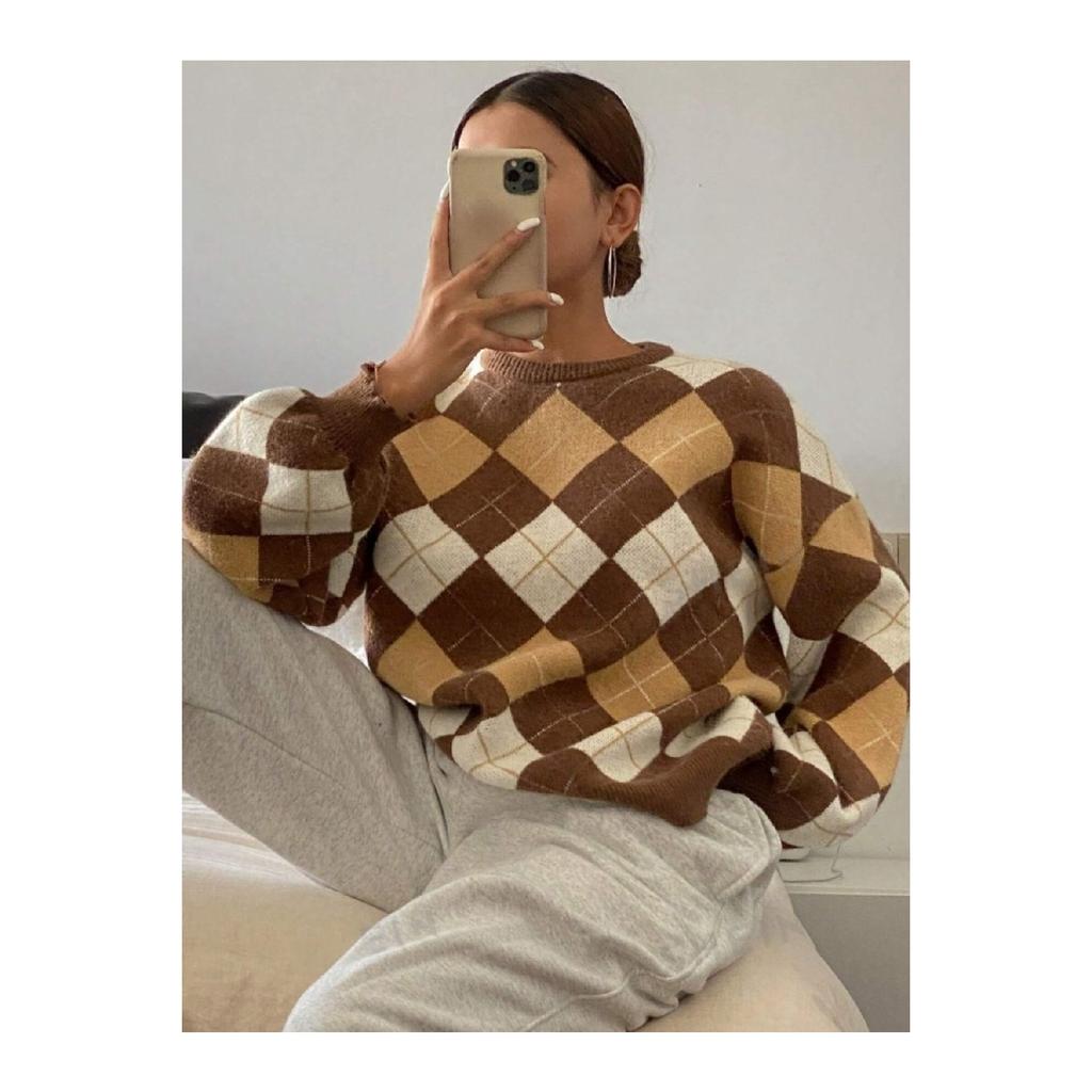 Women's Square Patterned Tile Crew Neck Knitwear Sweater