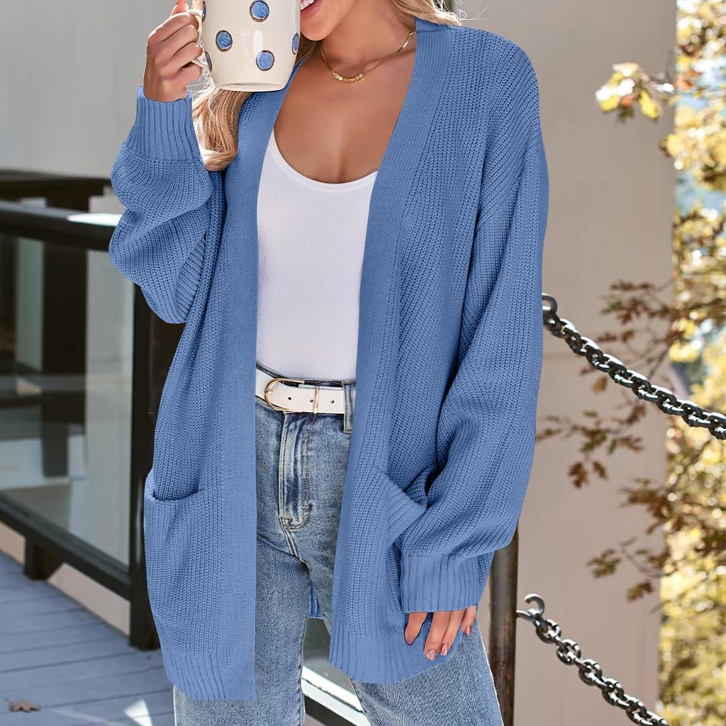 Женский кардиган, вязаный свитер, открытый спереди, повседневный, с длинным рукавом, легкие кардиганы с карманами