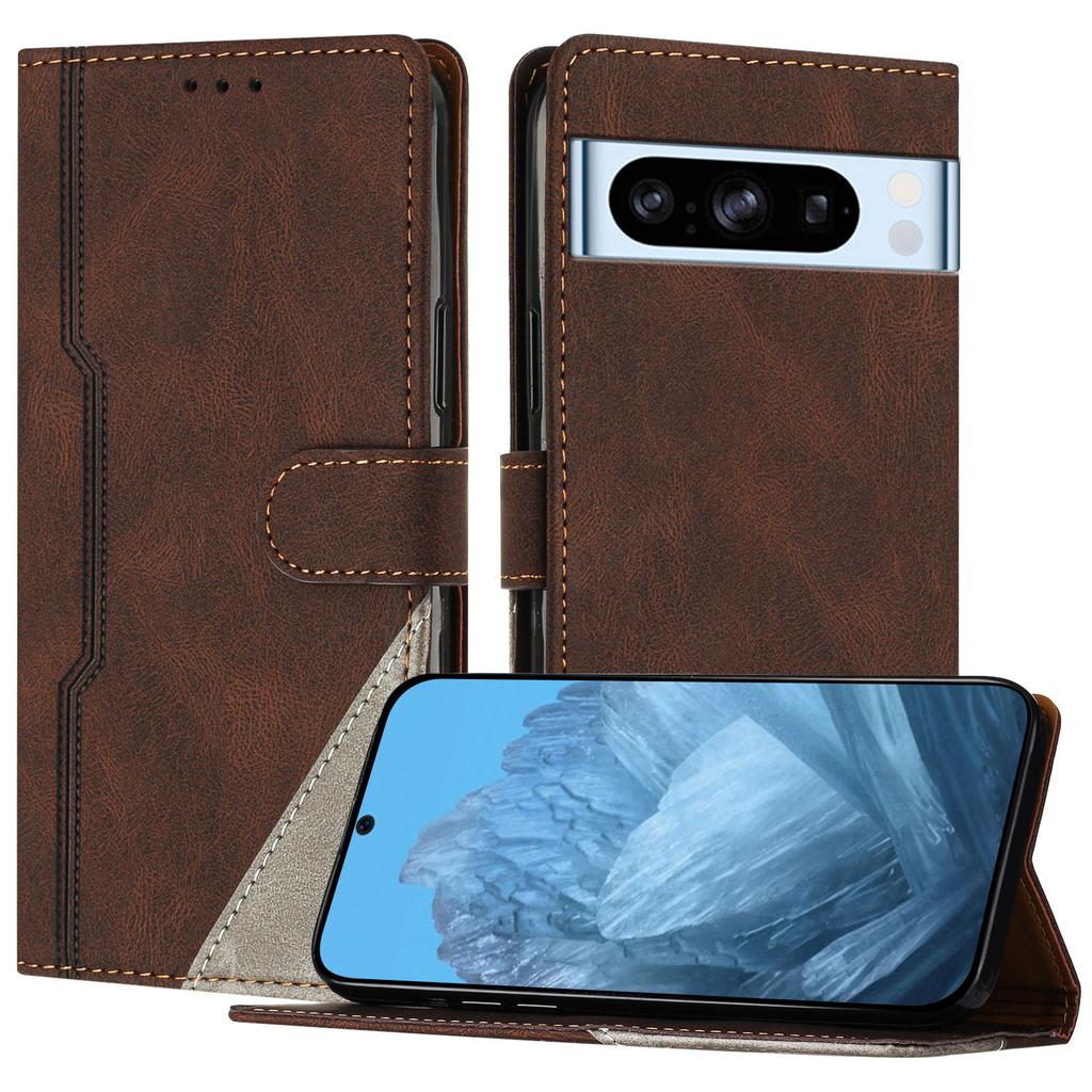 For Google Pixel 8 Pro Leather Case Triangle Patchwork Wallet Stand Shockproof Phone Cover