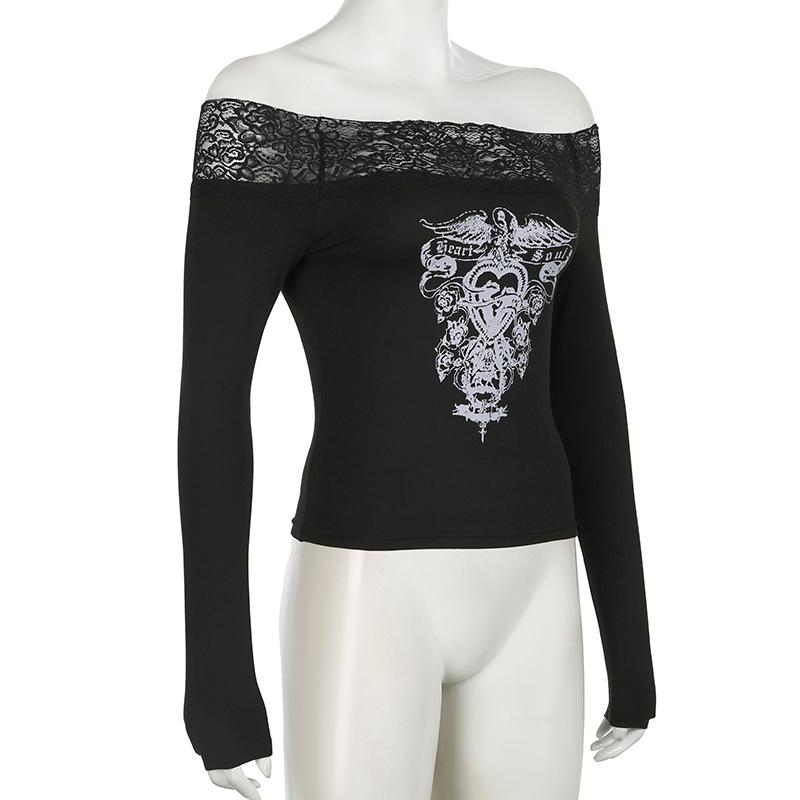 Женская футболка с длинным рукавом и темным ретро-принтом Clash Sexy Slim Lace Splicing на одно плечо