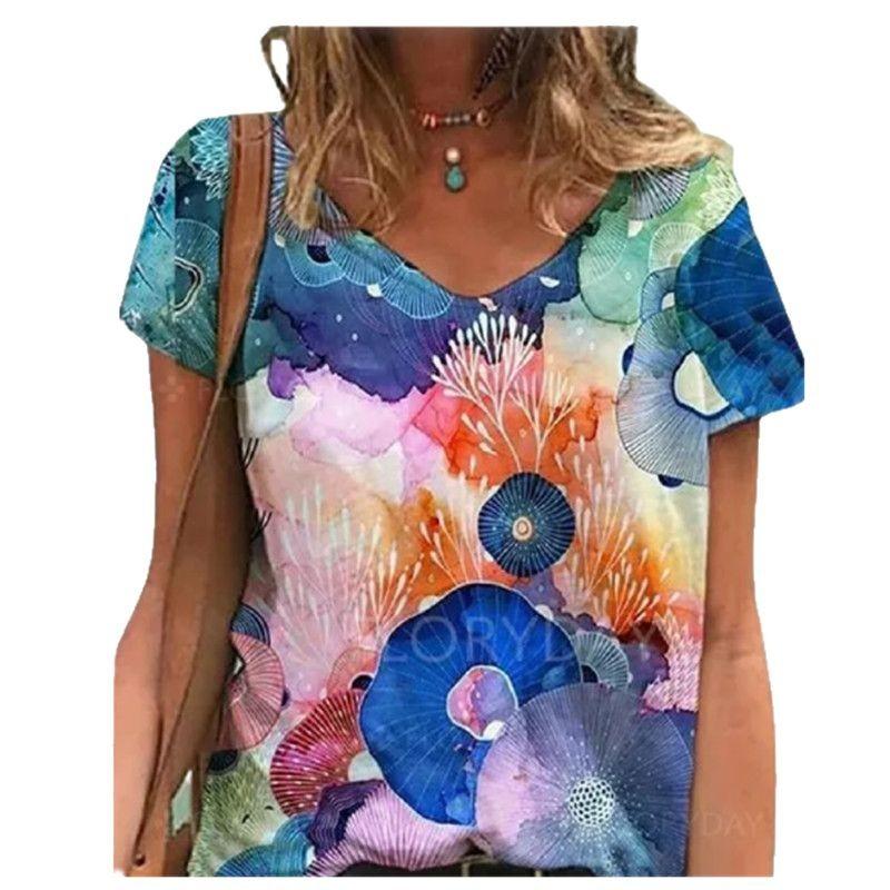 Летний топ с V-образным вырезом и 3D-цветным принтом, модные повседневные женские футболки с короткими рукавами