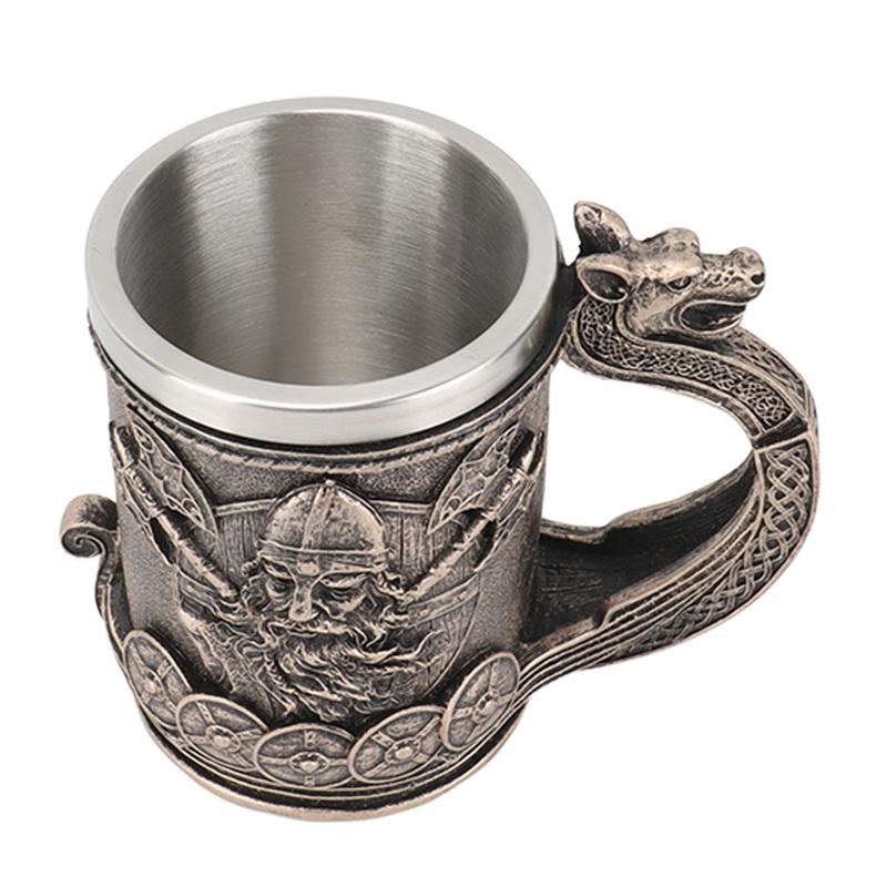 Stainless Steel Mug Viking Beer Mug Vintage Large Capacity Stainless Steel Liner Mug Resin Process Ornaments for Beer Coffee L