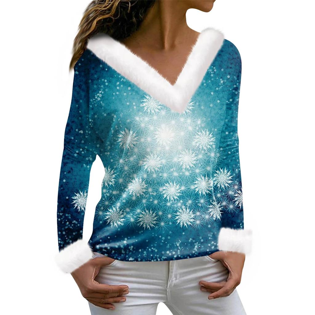 Женская футболка с рождественским принтом, футболка с длинным рукавом, флисовый воротник, топ с V-образным вырезом