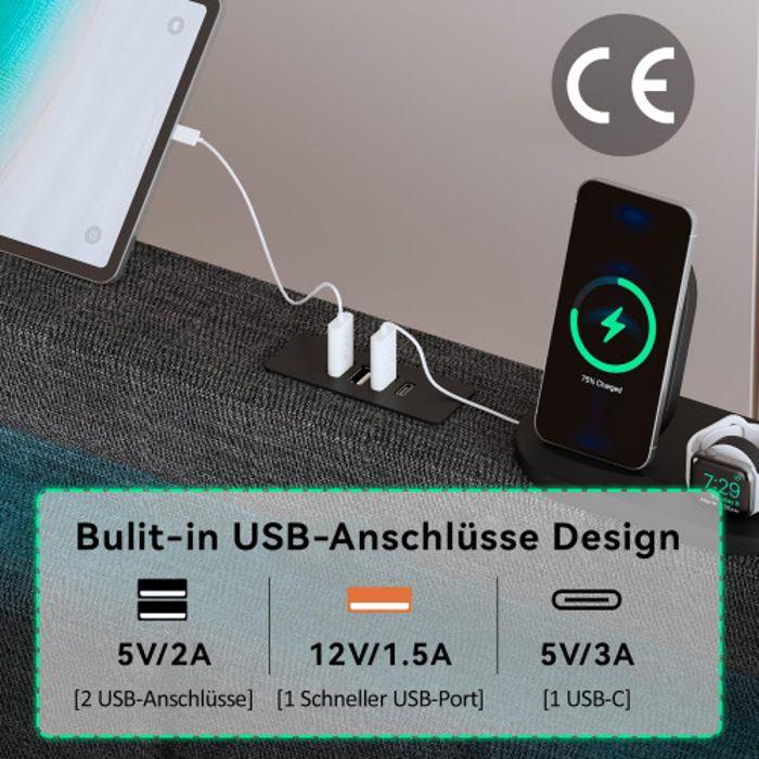 Lit double - MUVOE - 160x200 cm - Rembourré avec USB Type C - Éclairage LED - 4 tiroirs de rangement