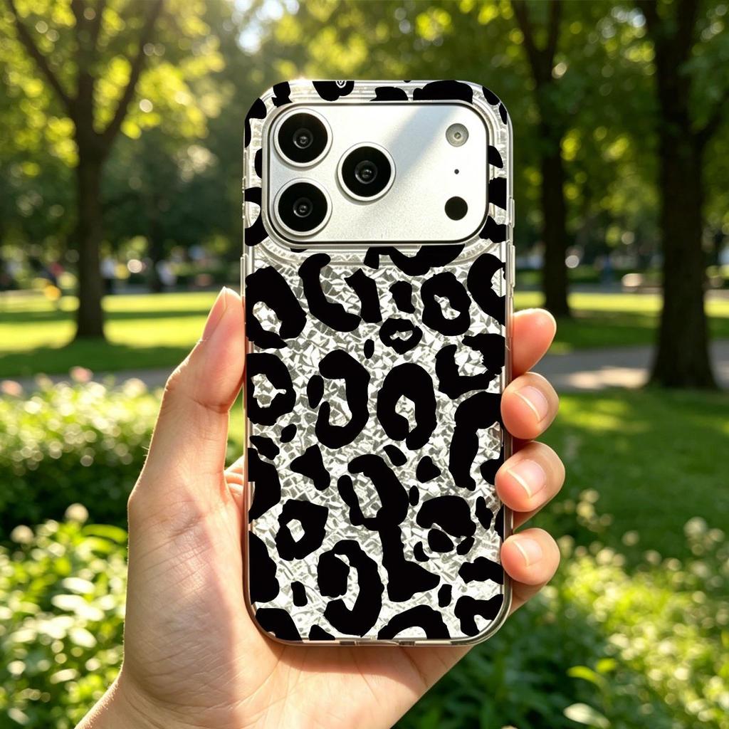 Black and White Leopard Background Case for iphone 17 Pro Air 14 12 15 XR 13 16 Plus 18 Pro Max XS Max 11 Silver Crushed Foil Cover