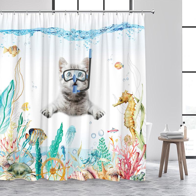 Funny Cat Riding Dinosaur Shower Curtain Cute Animal Surfboard Sea Waves Japanese Landscape Kids Bath Curtains Bathroom Decor