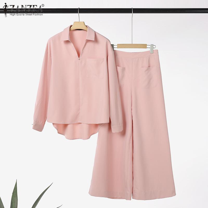 ZANZEA Женские повседневные комплекты из двух предметов: блузка с длинным рукавом и брюки