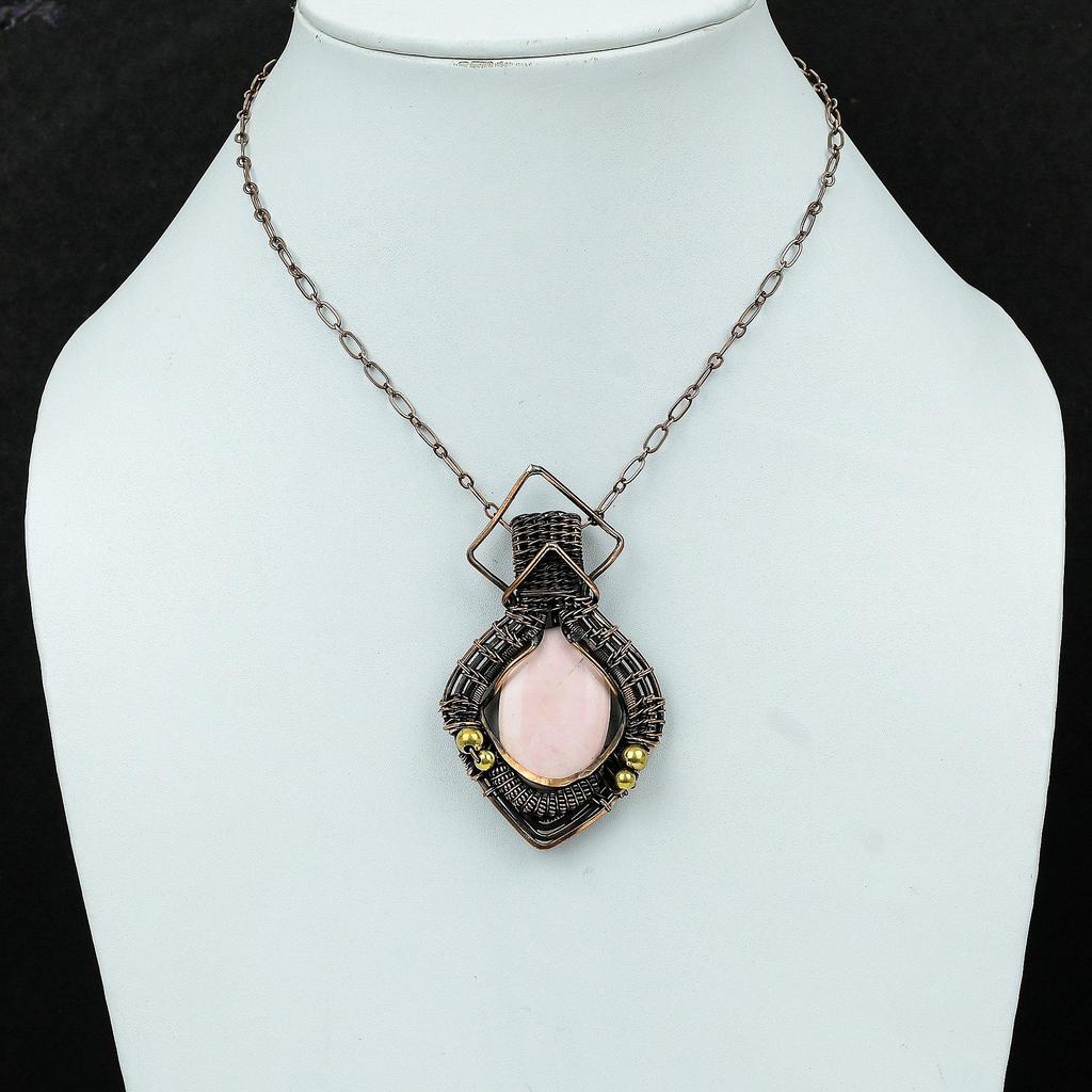 Розовый опаловый кулон, обернутый медной проволокой, ювелирное изделие ручной работы, подлинный драгоценный камень, обернутый медной проволокой, стильный кулон для подарка
