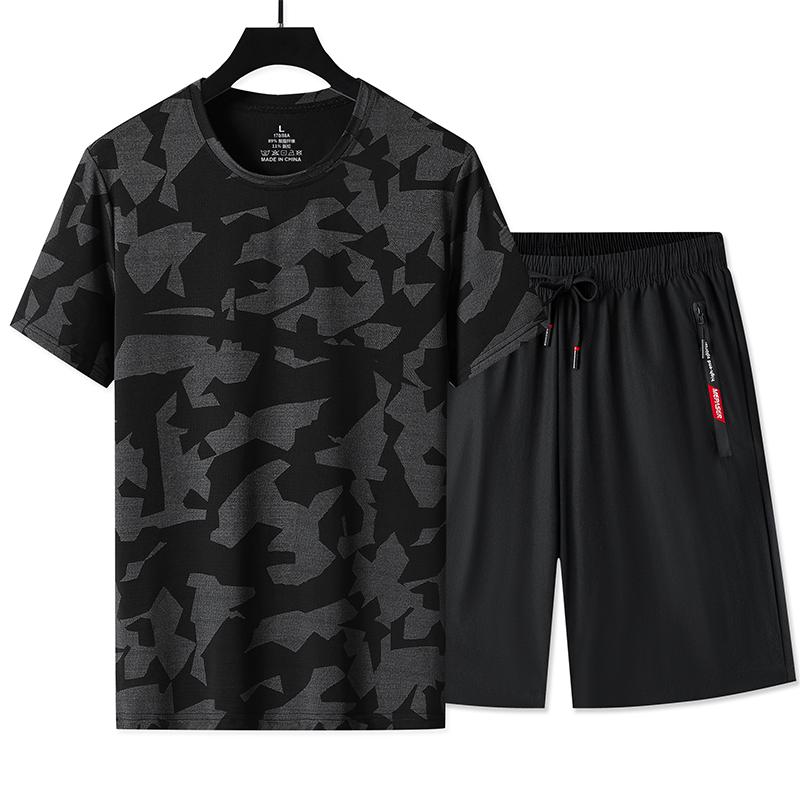 Новый летний дышащий спортивный костюм, мужской быстросохнущий спортивный комплект, футболка из ледяного шелка и шорты, мужской комплект из двух предметов, камуфляжный костюм для бега