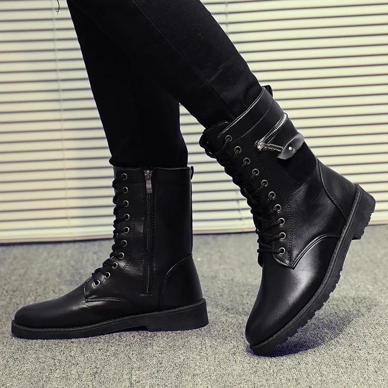 PU Leather Men Motorcycle Boots Men's Riding Hunting Walking Shoes Autumn Winter Mid-Calf Boots Brand Designer High Top Boots