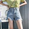 Classic and Minimalist Fashion Versatile Broken Holes Female Summer High-waisted Thin Outside The Wear Raw Edge A-line Denim Shorts Individuality