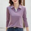 Woman Polo Neck Shirt Korean Autumn  Cotton Solid Color Long Sleeve V-neck T-Shirt Patchwork Women's Polo Shirts for Women