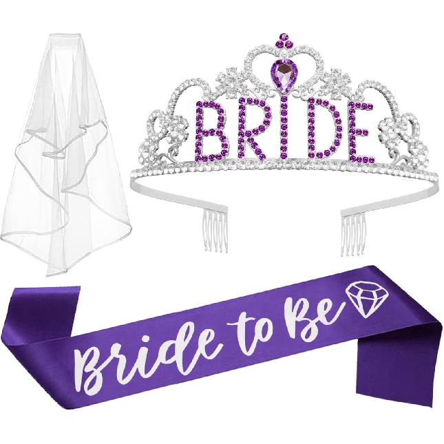 JETKONG 3 Pcs Bachelorette Party Decorations BRIDE Crown, Bride to Be Sash&Veil for Women Bachelorette Party Gifts, Bridal Shower Supplies, Gifts,