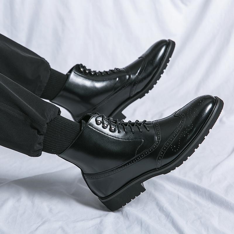 Classic Pointed Leather Boots for Men Lace Up Oxfords Low-heel Dress Boots for Men High Top Formal Shoe Men Ankle Boots