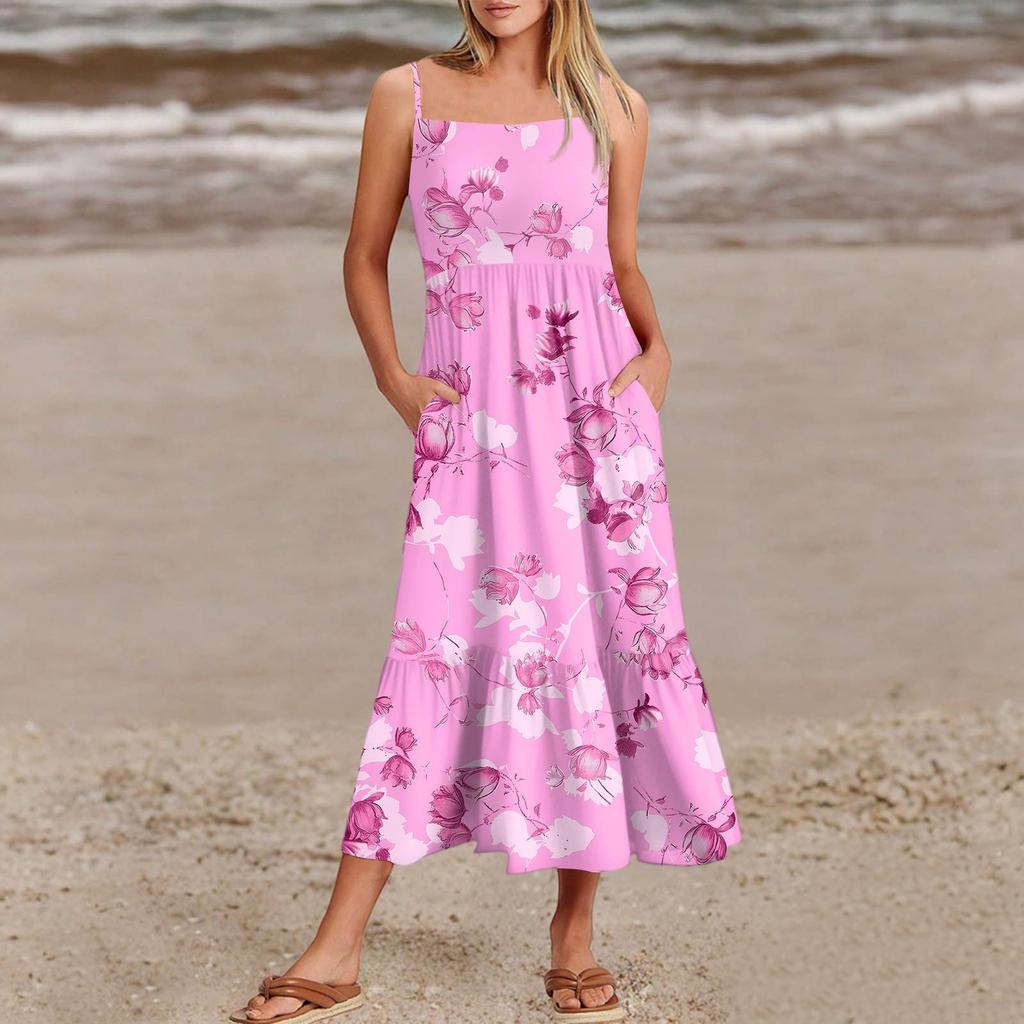 Women's Summer Spaghetti Strap Patchwork Beach Vacation Floral With Pocket Dresses