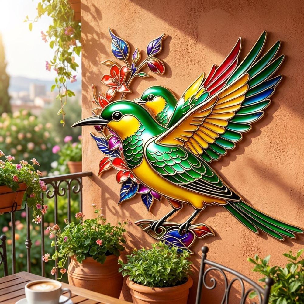 Hand Painted Iron Art Bird Wall Hanging Colorful Flower Colorful Birds Sculpture Balcony Patio
