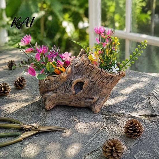 Durable Resin Succulent Pots Tree Stump Flowerpot for Succulents Small Plants, Imitation Wood Grain Planter Compact Flower Windowsills Indoor