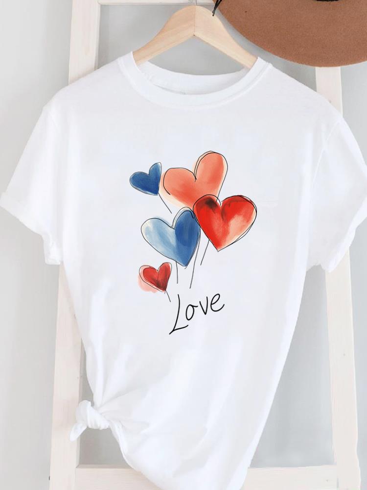 (Asian Size) Love Trend Cute Women's Top T Female Print Short Sleeve T-shirts Fashion O-neck Casual Clothing Graphic Tee