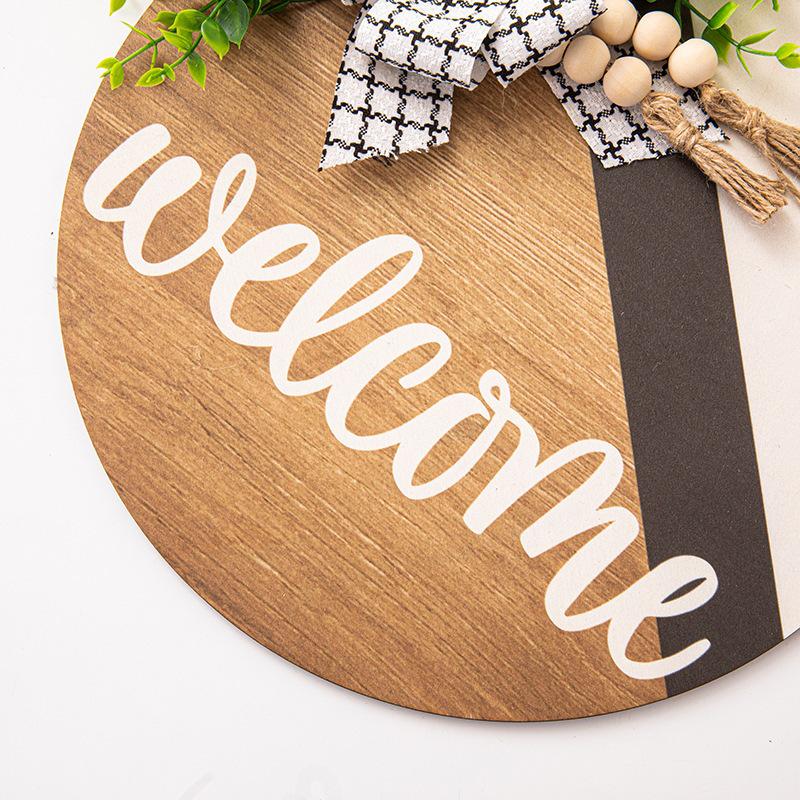 Pastoral Welcome Door Hanging: Wooden Plate with Artificial Plants, Beaded Tassel, and Bow Knot