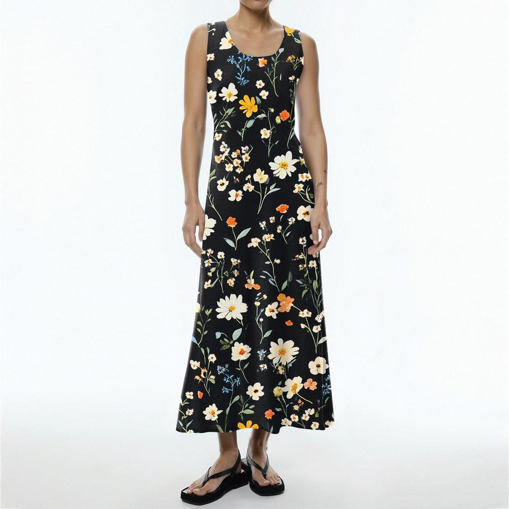 Женское летнее повседневное модное платье без рукавов с круглым вырезом и карманом с цветочным принтом