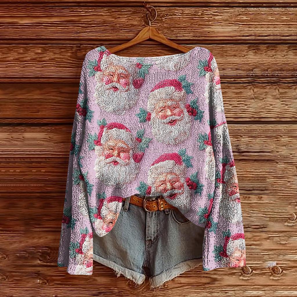 Women's Christmas Print Lightweight Sweater Casual Long Sleeve Knitted Pullover