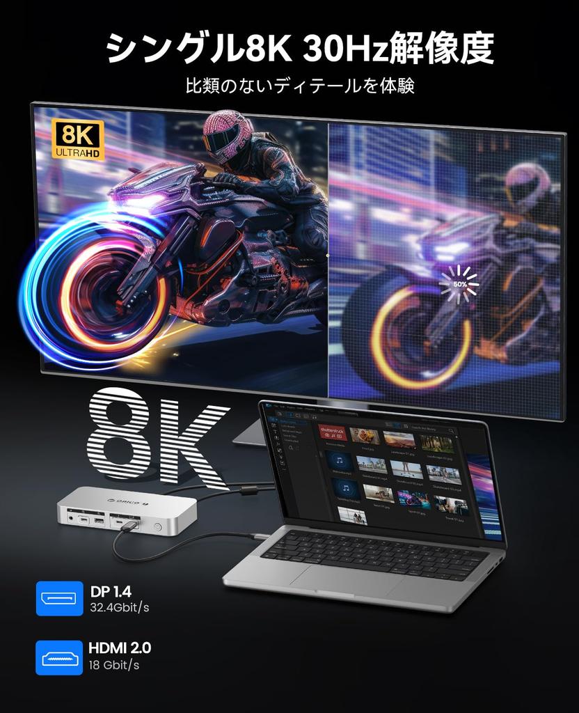 ORICO Thunderbolt 4 Док-станция для Mac Mini с одним портом 4K 85 Вт 1 Гбит/с и аудио, совместимая с Mac и TB4, 12-в-1 станция, 40 Гбит/с, M4, 8K/Двойной
