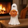 Lighted Ghost Decor Halloween Figurine with Pumpkin Candy Bowl, Cute Resin Statue, Freestanding Outdoor Garden Decoration Trick or Treat