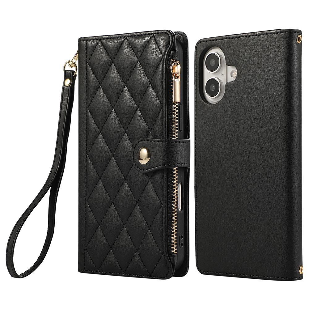 For iPhone 16 Case Multi Card Slots Zipper Rhombus Leather Phone Cover with Wrist Strap