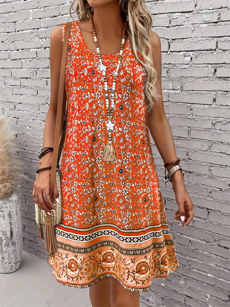 Women's Retro-Print Summer Dress Loose-Fitting Sleeveless Elegant Round-Neck Dress Stylish and Comfortable Summer Dress